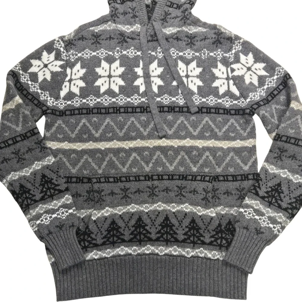 American Eagle Softest Sweater Hoodie Mens XS Gray Nordic Snowflake Fair Isle VG